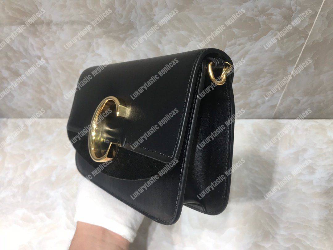 Chloe “C” Clutch With Chain In Shiny And Suede Calfskin Black