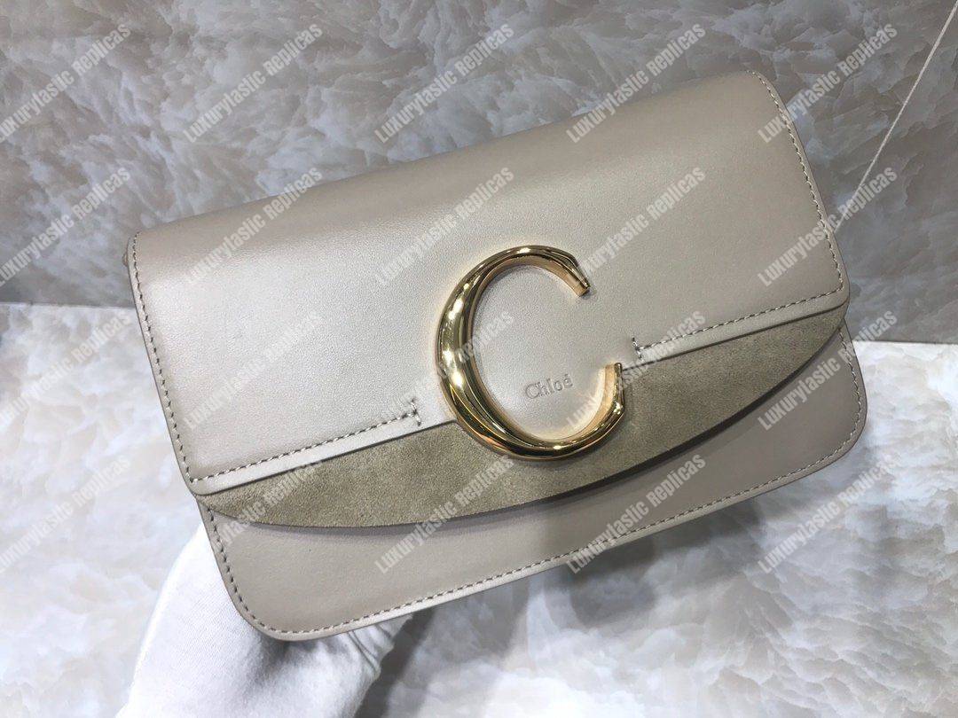 Chloe “C” Clutch With Chain In Shiny And Suede Calfskin Grey