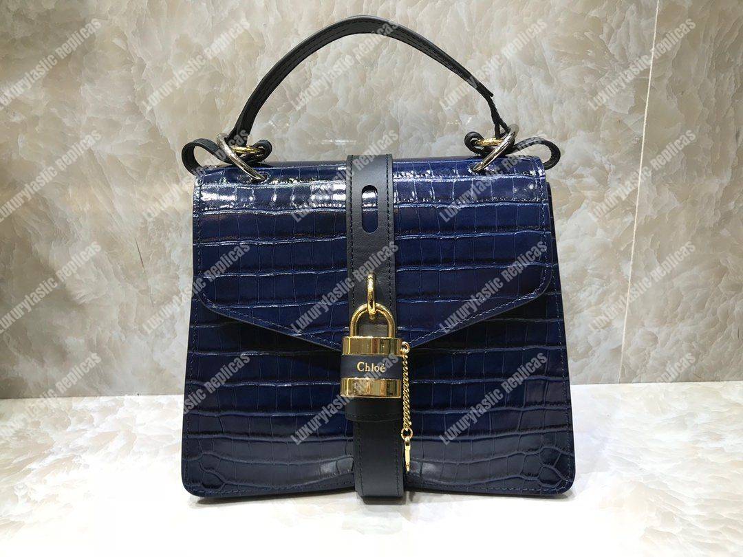 Chloe Medium Aby Day Shoulder Bag In Embossed Croco Effect On Calfskin Blue