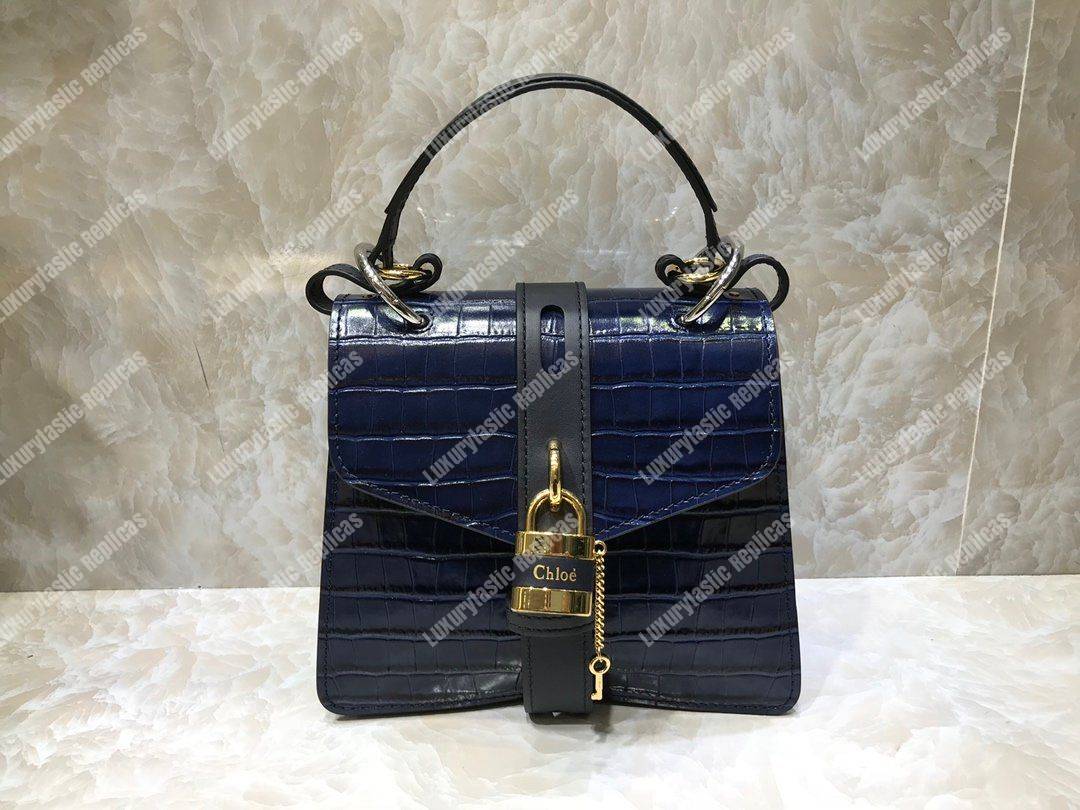 Chloe Small Aby Day Shoulder Bag In Embossed Croco Effect On Calfskin Blue