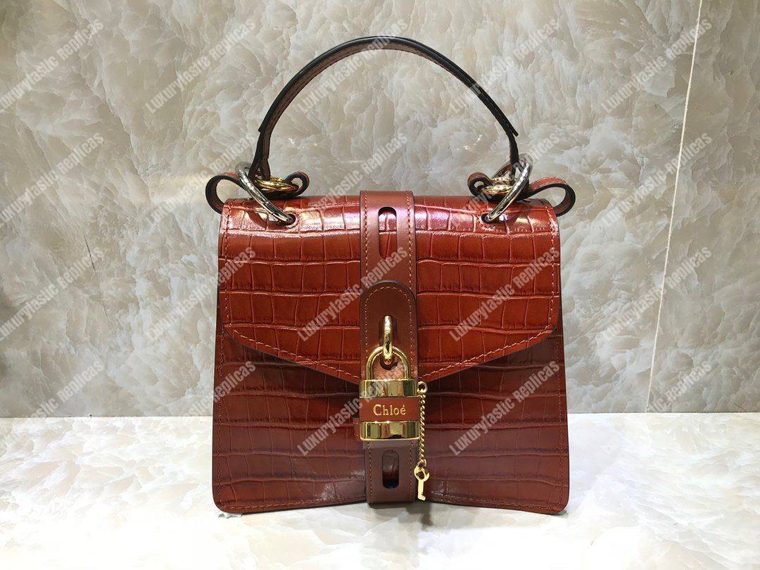 Chloe Small Aby Day Shoulder Bag In Embossed Croco Effect On Calfskin Brown
