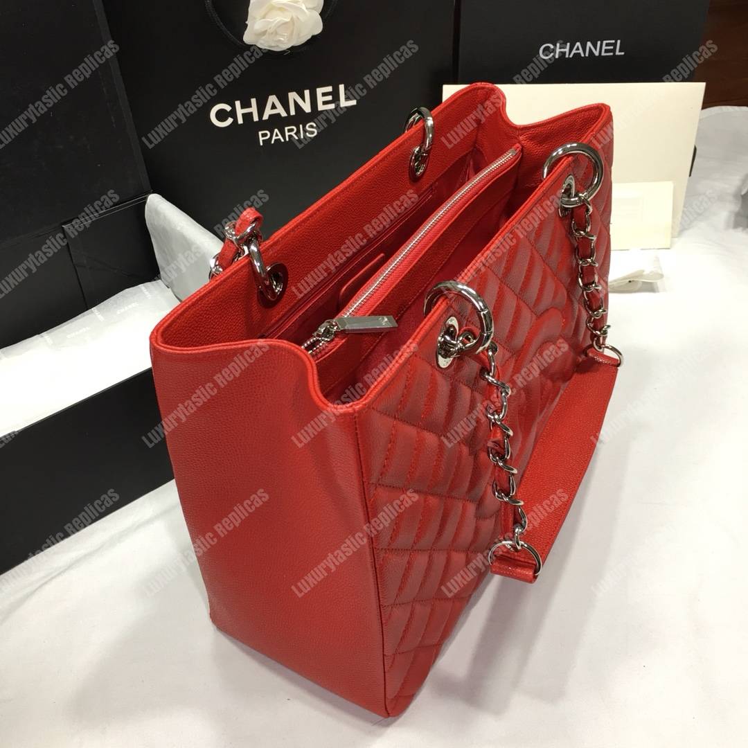 Ch*el large shopping tote silver tone red