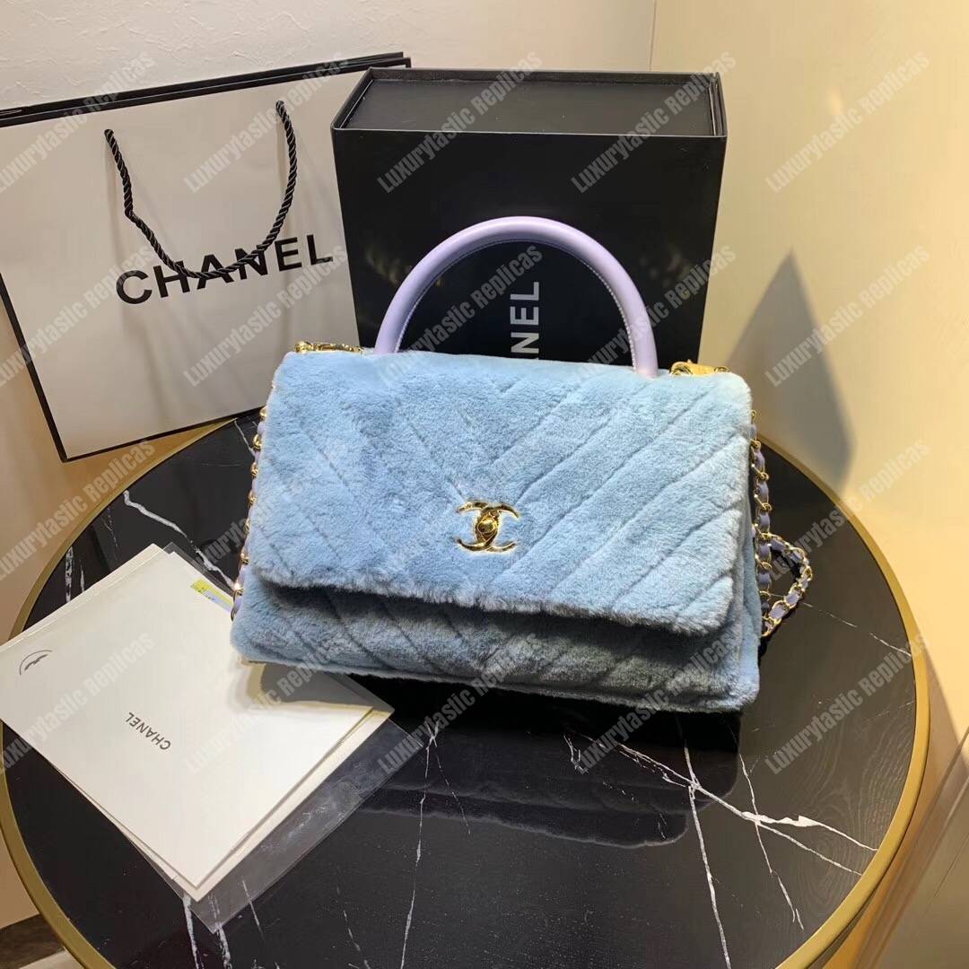 Ch*el flap bag with top handle sky blue