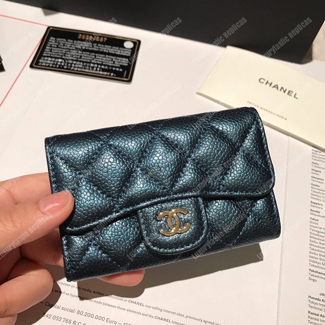Ch*el classic card holder grained calfskin iridescent turquoise