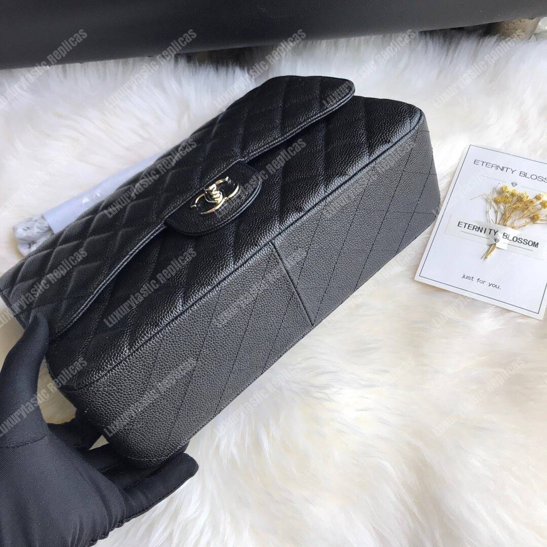 Ch*el classic maxi handbag black grained calfskin silver-toned