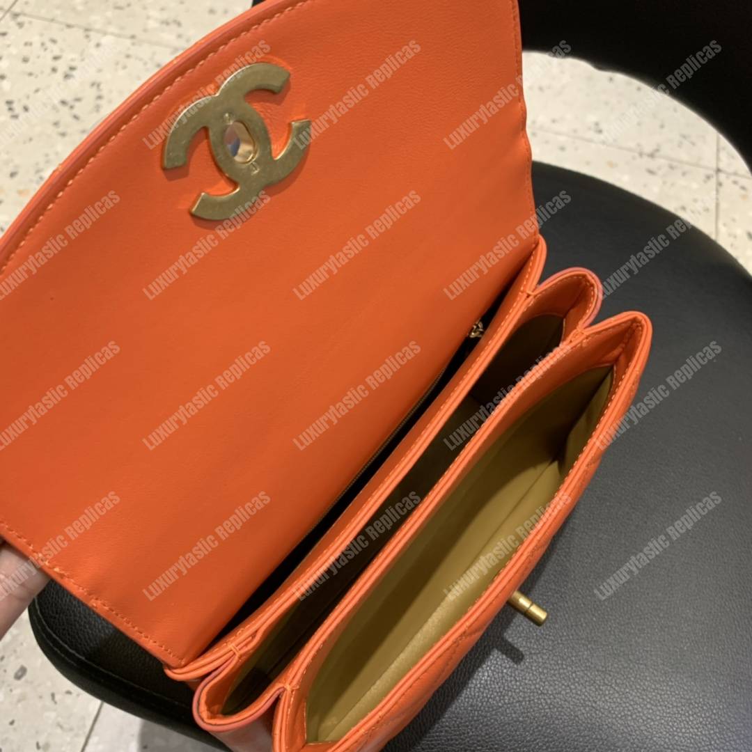 Ch*el flap bag with top handle lambskin orange