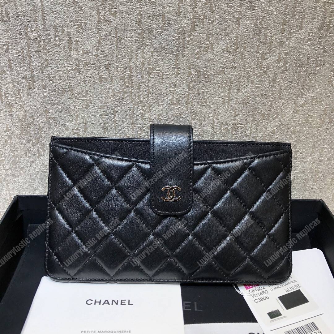 Ch*el classic pouch lambskin leather silver tone black
