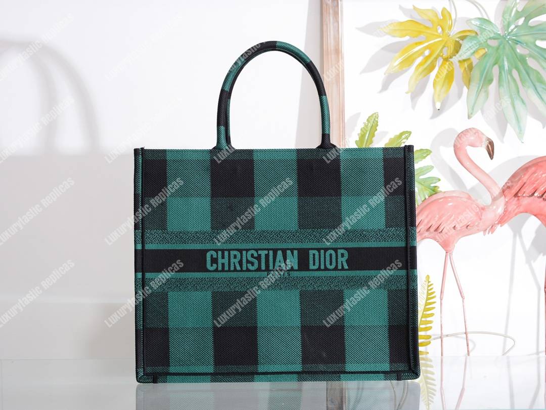 D*or book tote in green & black embroidered canvas