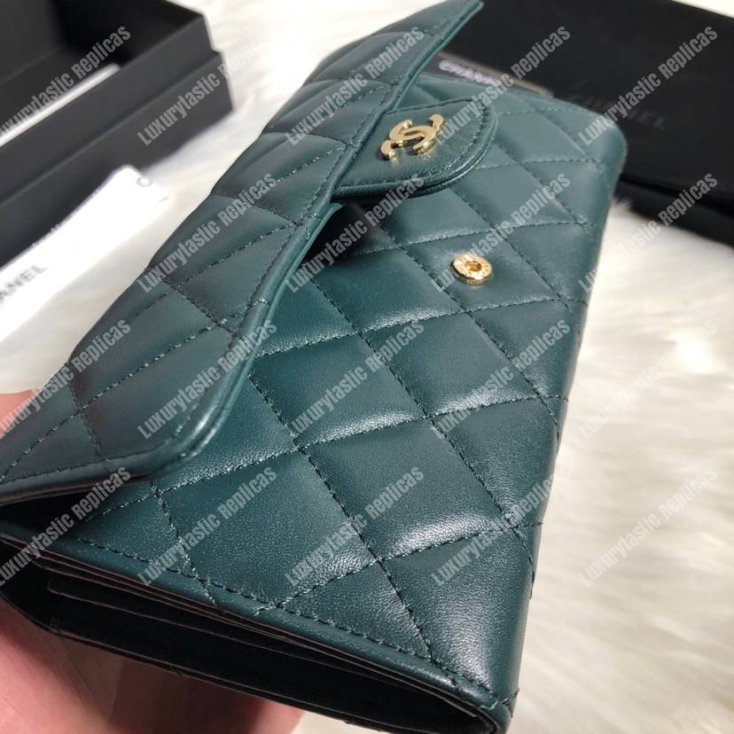 Ch*el classic long flap wallet lambskin leather green