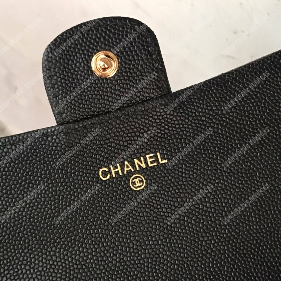 Ch*el classic long flap wallet gold tone black