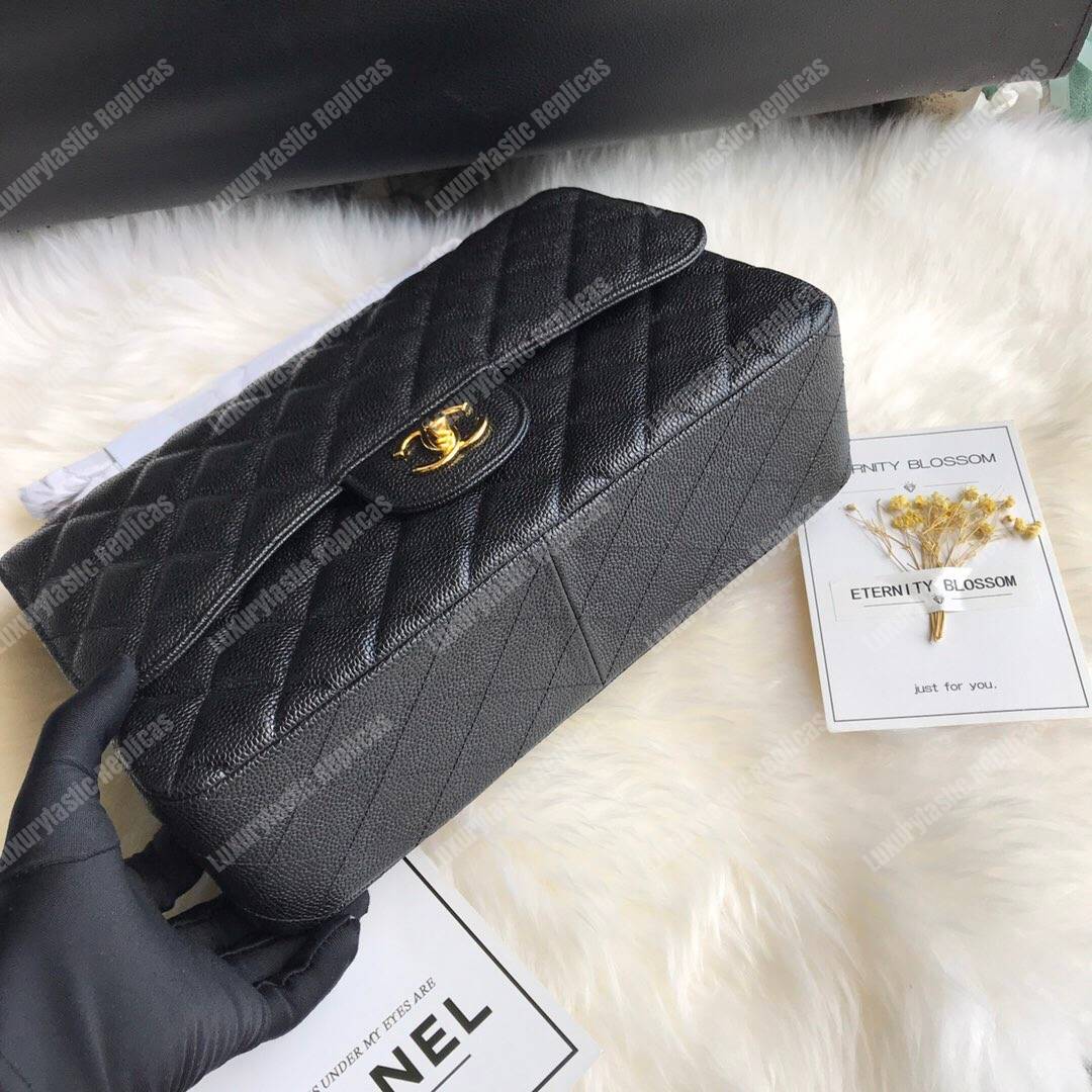 Ch*el classic maxi handbag black grained calfskin gold-toned