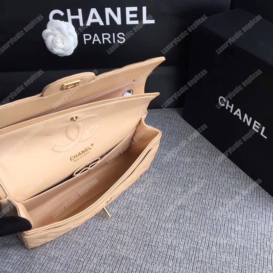 Ch*el medium classic handbag beige gold-tone metal