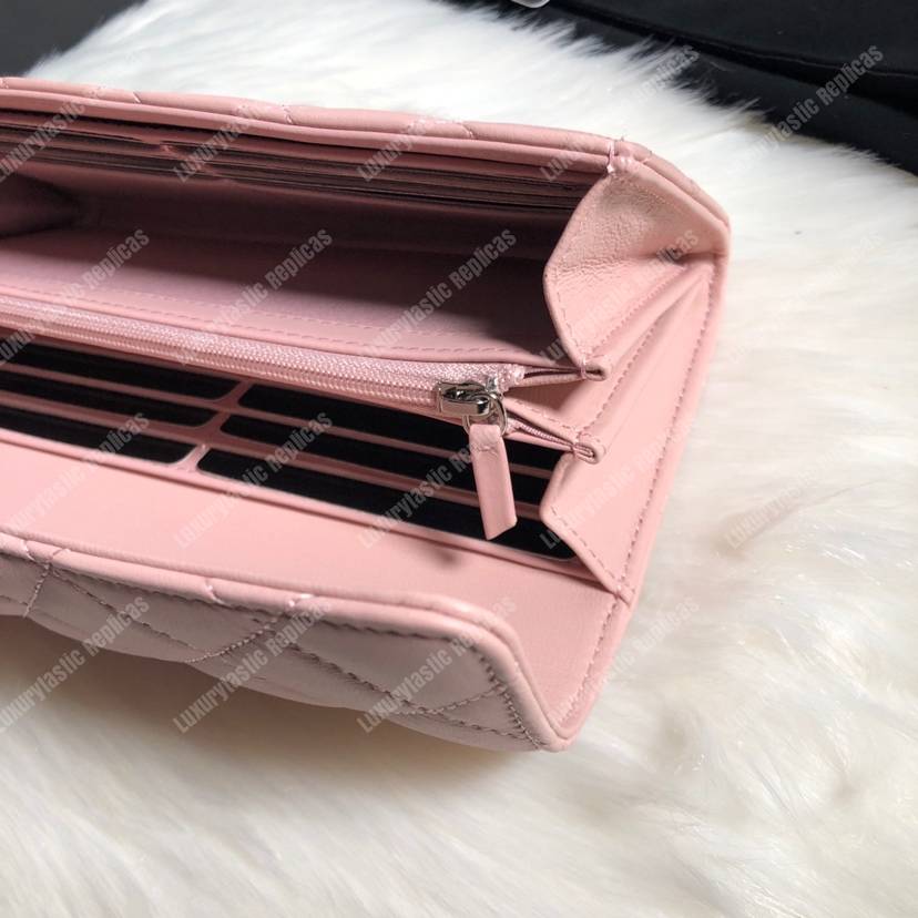Ch*el classic long flap wallet silver tone pink
