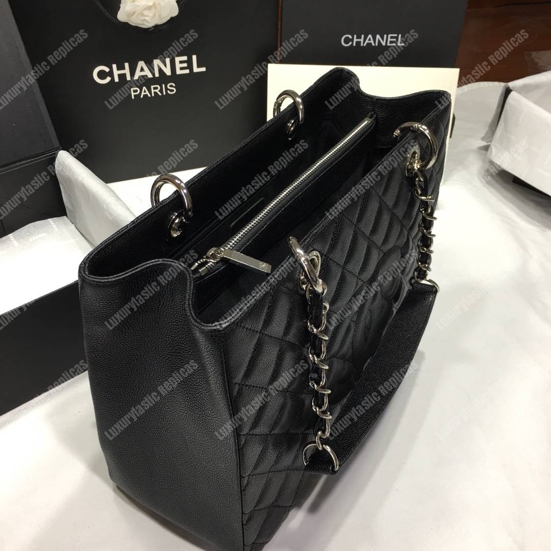 Ch*el large shopping tote silver tone black