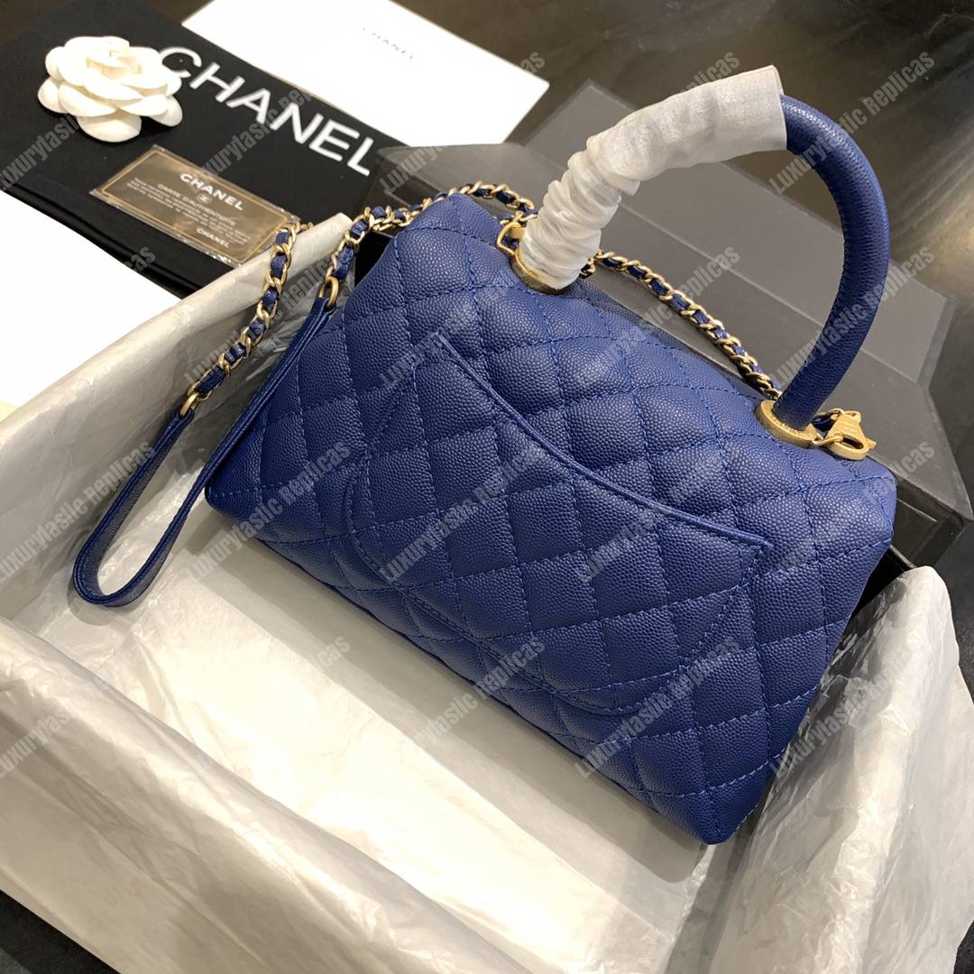 Ch*el flap bag with top handle caviar leather blue