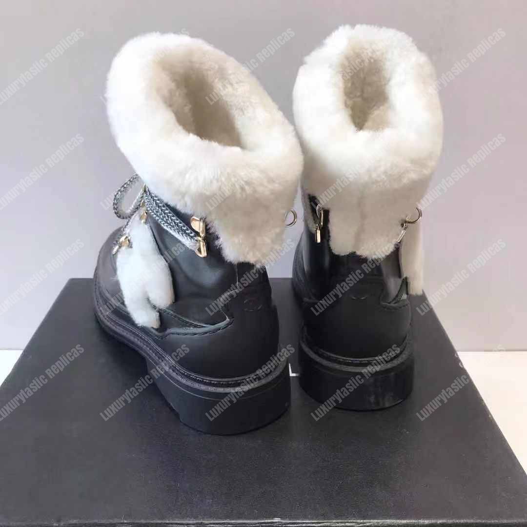 Ch*el round toe lace-up leather boots black / white