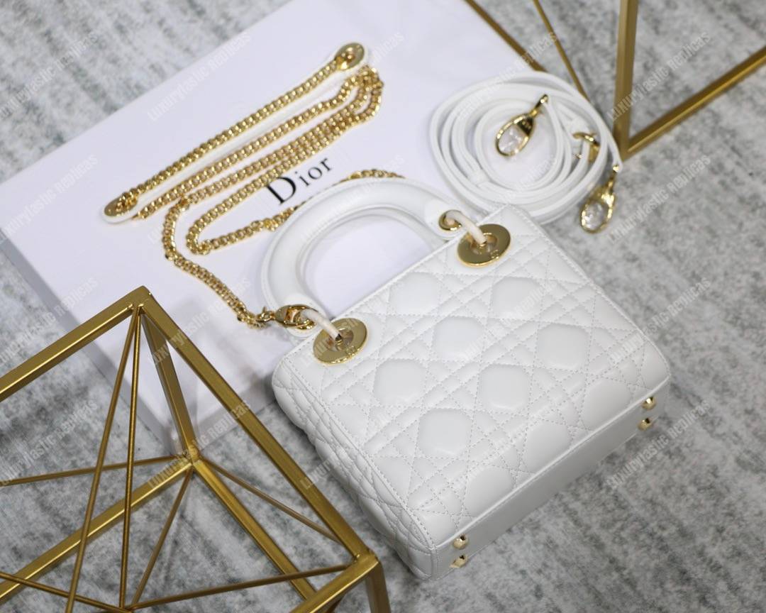 mini lady D*or lambskin bag storm white gold-tone metal