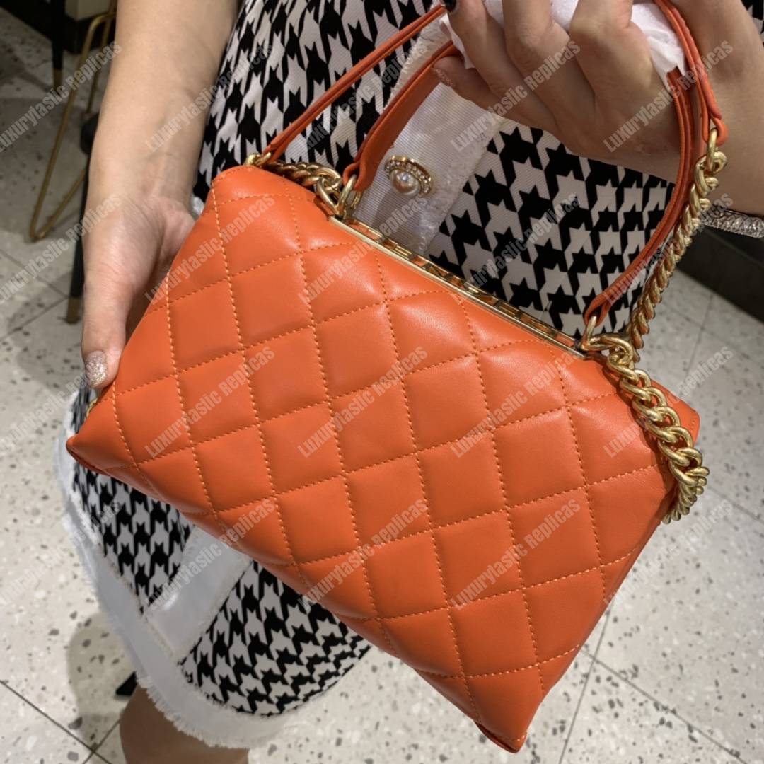 Ch*el flap bag with top handle lambskin orange