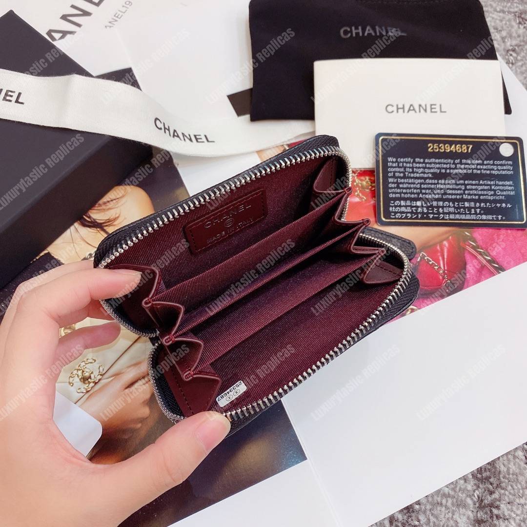Ch*el classic zipper coin purse silver tone black