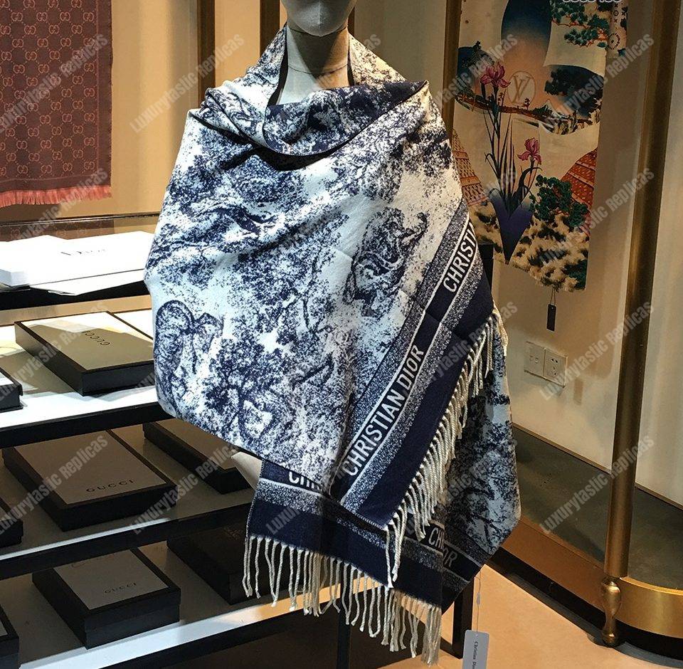 CD Toile de Jouy Stole Blue Cashmere & Wool