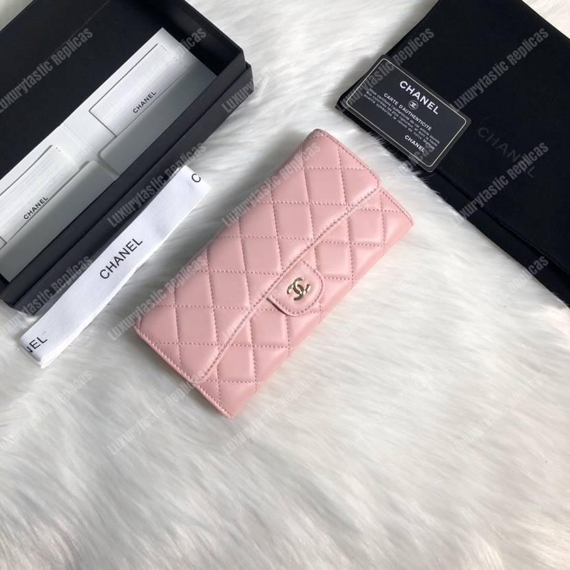 Ch*el classic long flap wallet lambskin leather pink
