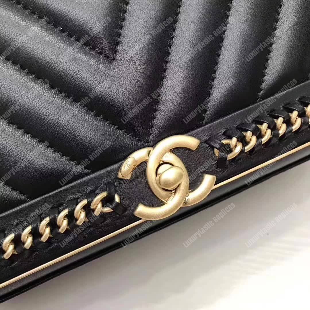 Ch*el chevron stitched chain top handle flap bag black