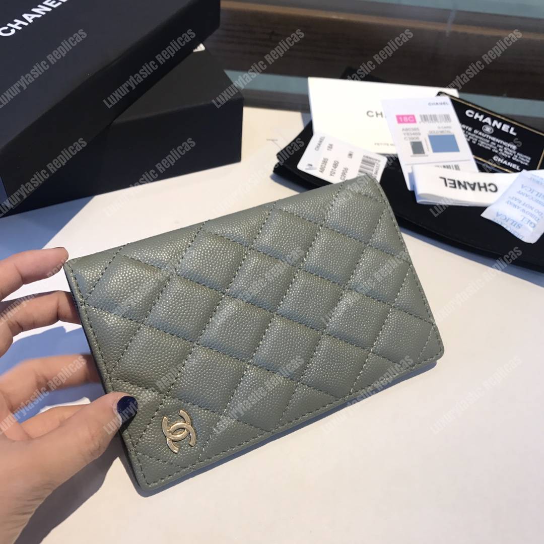 Classic Passport Holder Caviar Leather Greenish Gray