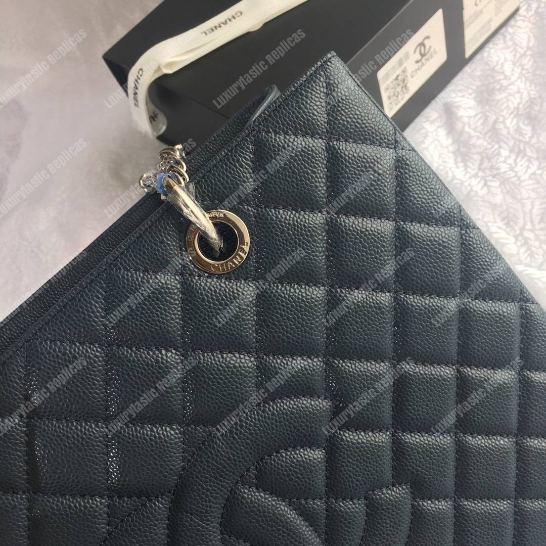 Ch*el large shopping tote silver tone dark green