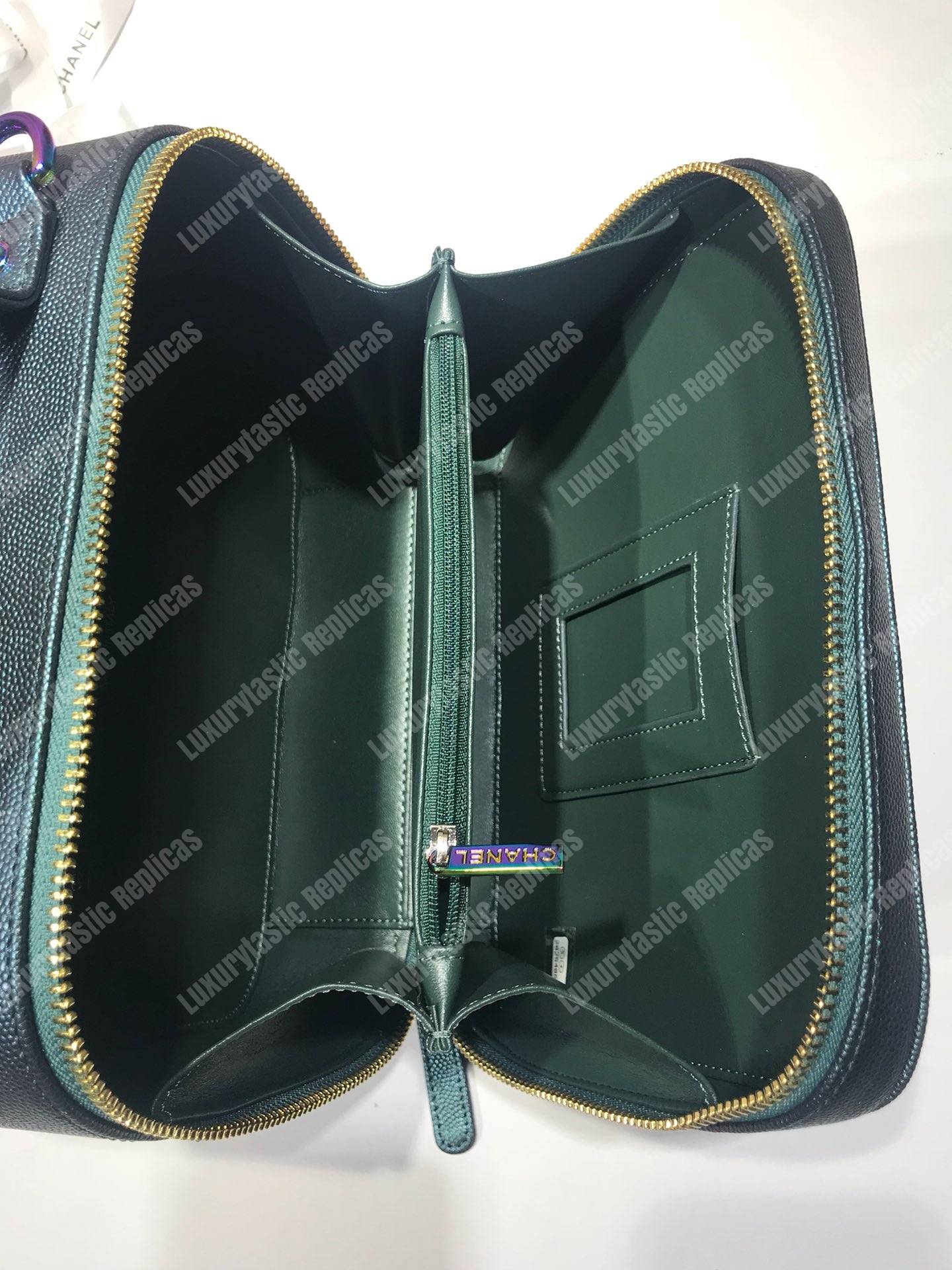Ch*el iridescent rainbow medium filigree vanity case turquoise