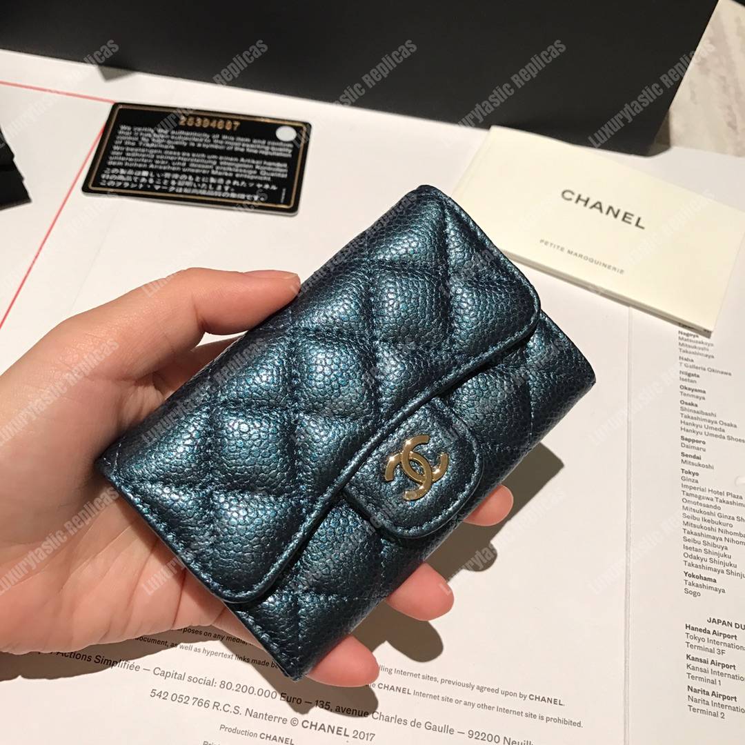 Ch*el classic card holder grained calfskin iridescent turquoise