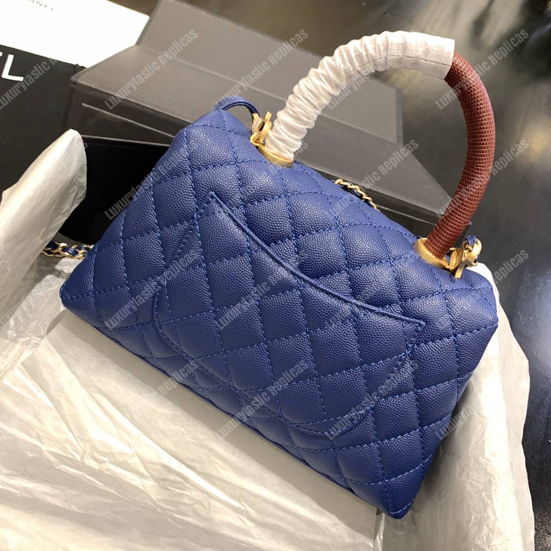 Ch*el flap bag with burgundy top handle caviar leather blue
