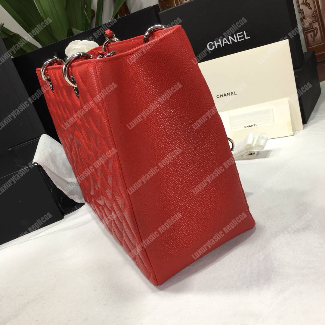 Ch*el large shopping tote silver tone red