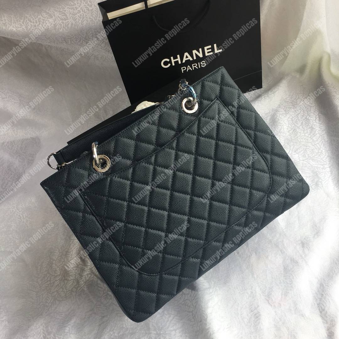 Ch*el large shopping tote silver tone dark green