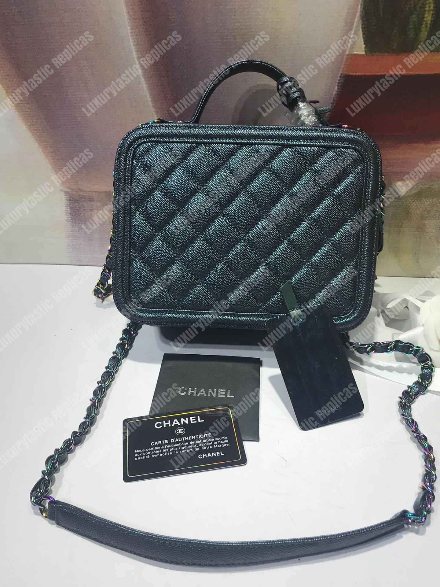 Ch*el iridescent rainbow medium filigree vanity case turquoise