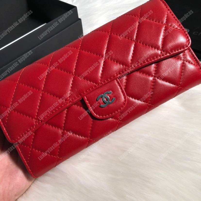 Ch*el classic long flap wallet lambskin leather red