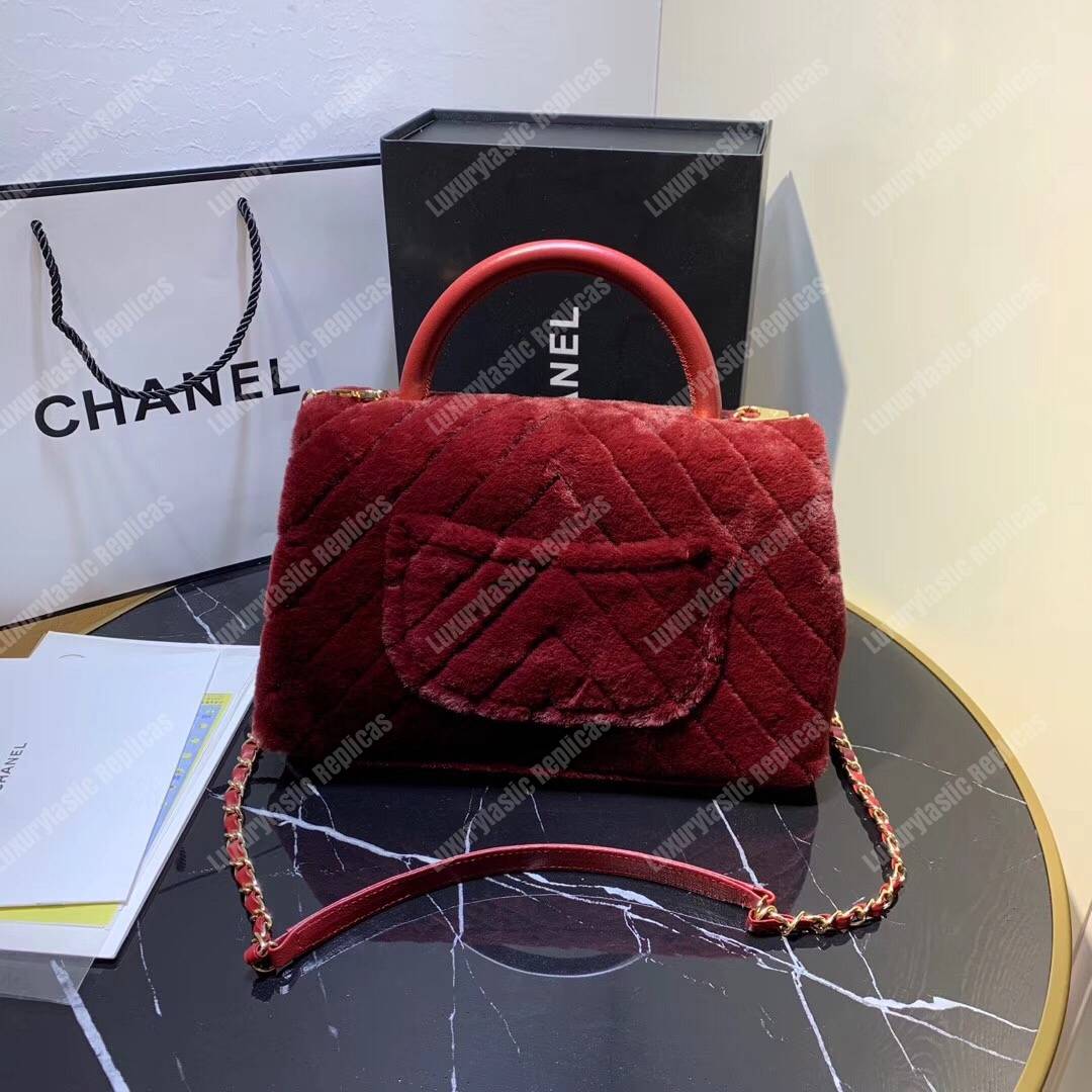 Ch*el flap bag with top handle burgundy