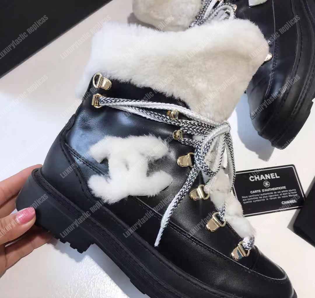 Ch*el round toe lace-up leather boots black / white