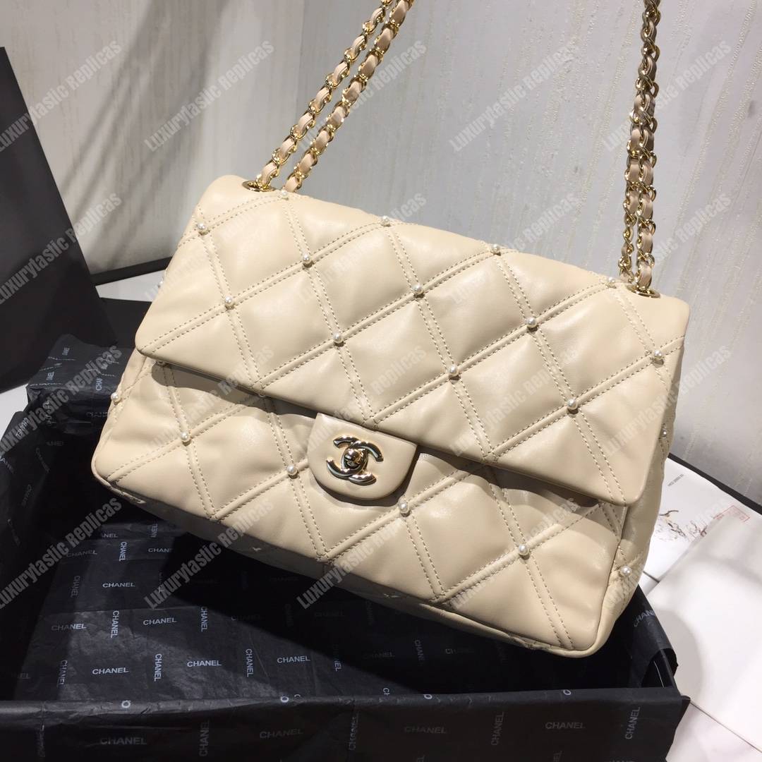Ch*el flap bag iimitation pearls beige