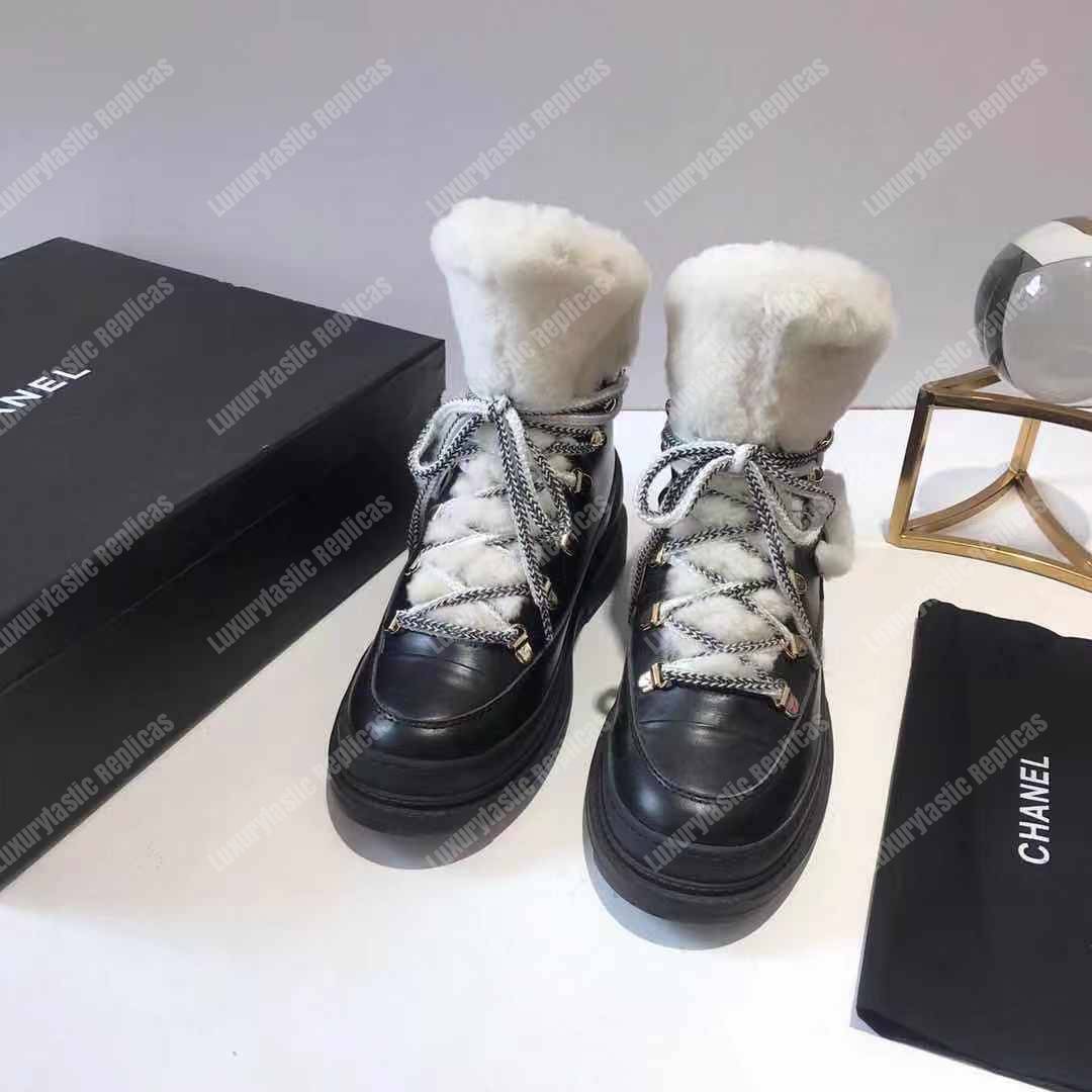 Ch*el round toe lace-up leather boots black / white