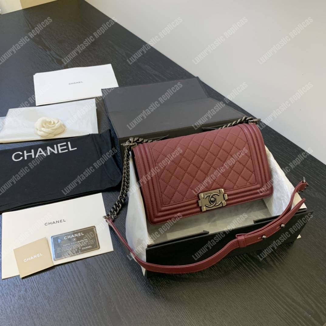 Ch*el boy medium caviar leather burgundy