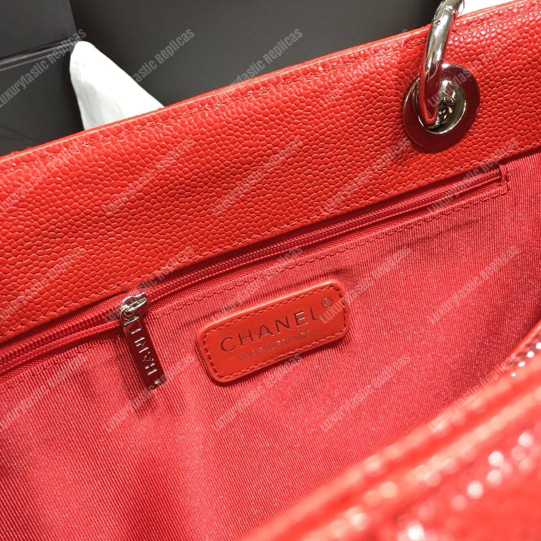 Ch*el large shopping tote silver tone red