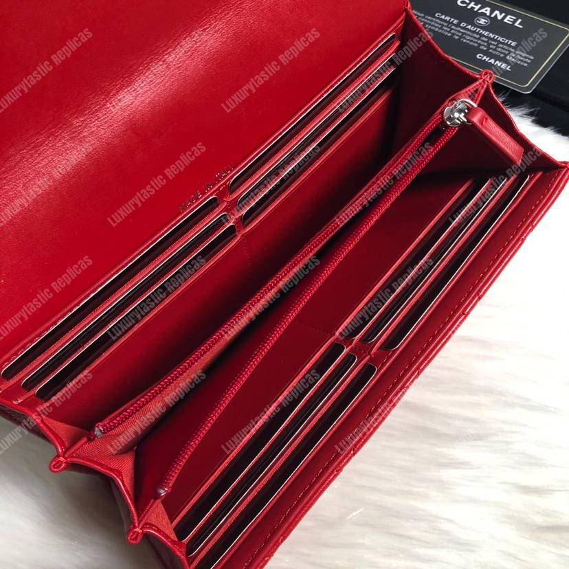 Ch*el classic long flap wallet lambskin leather red
