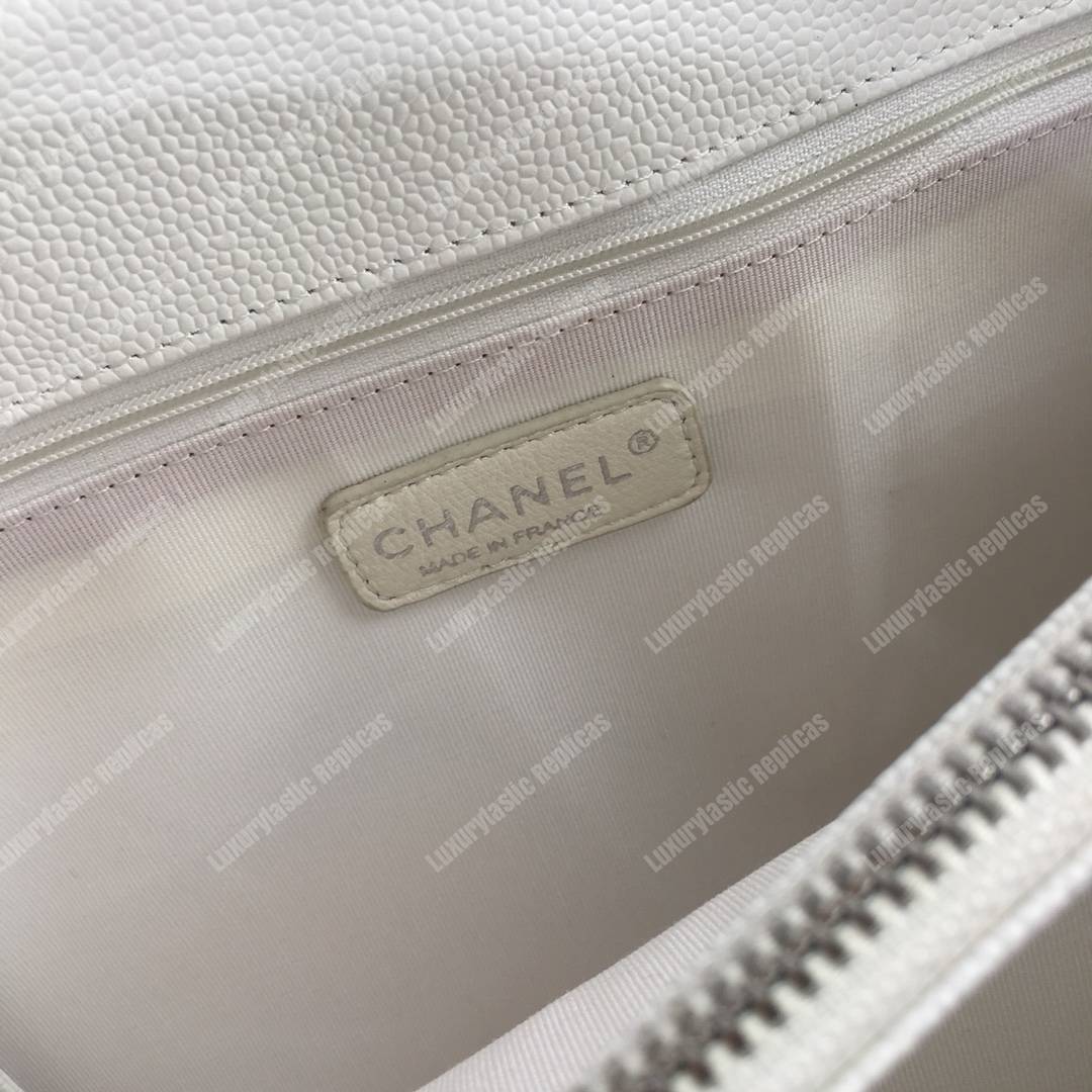 Ch*el large shopping tote silver tone white