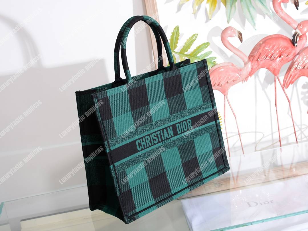 D*or book tote in green & black embroidered canvas