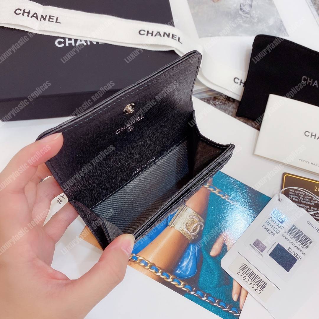 Ch*el flap card holder satin finish goatskin black