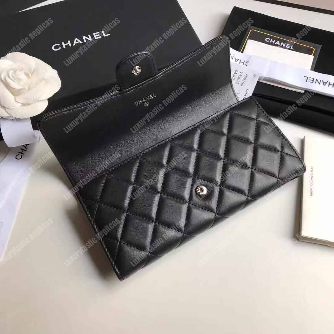 Ch*el classic long flap wallet lambskin black