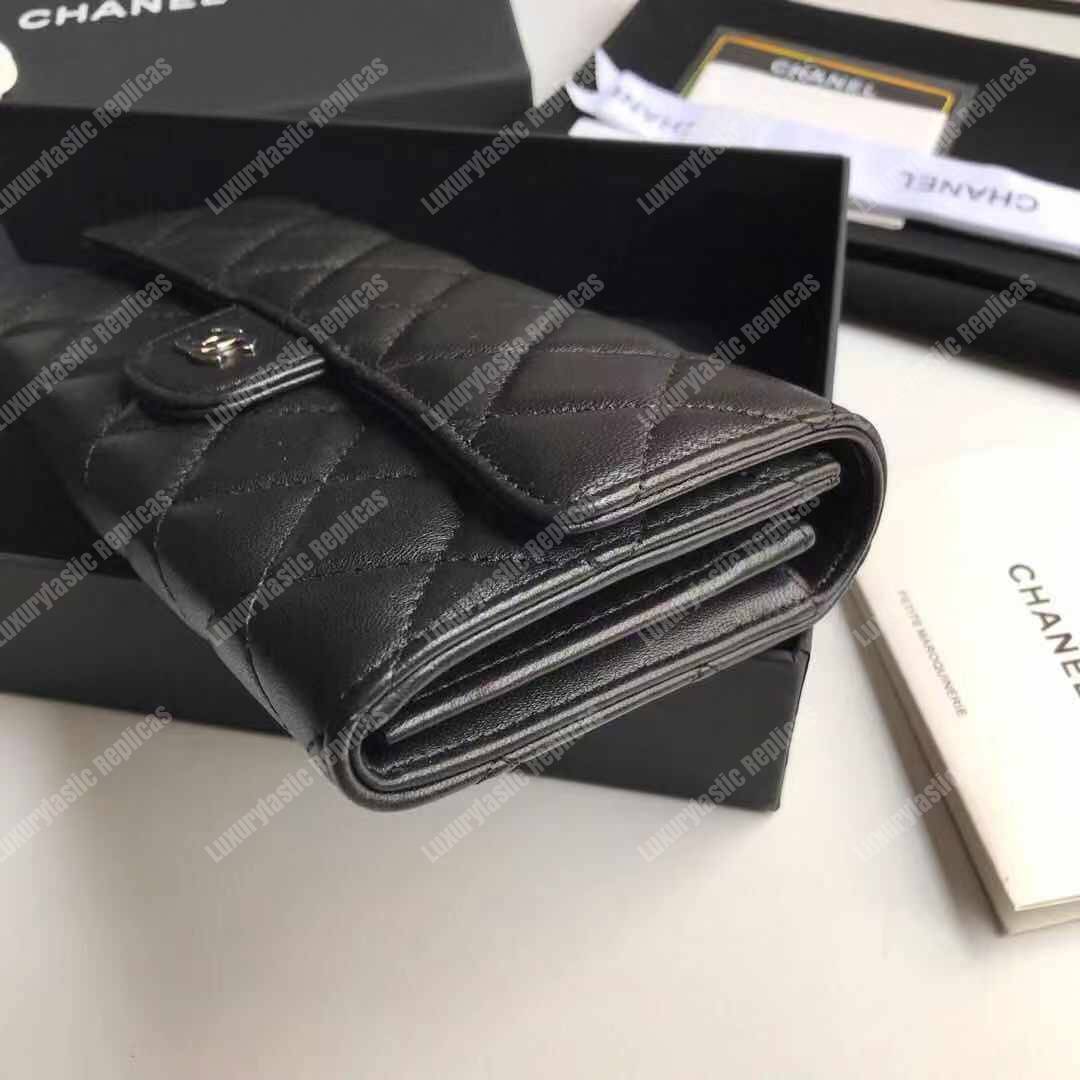 Ch*el classic long flap wallet lambskin black