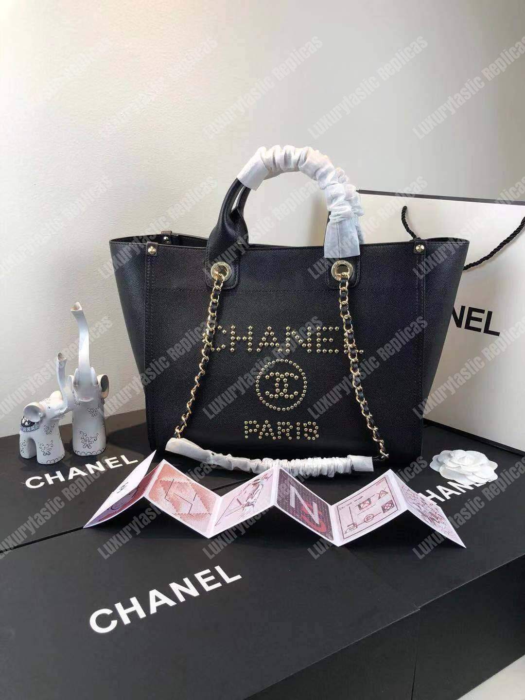 Ch*el studded calfskin small deauville tote bag gold-tone