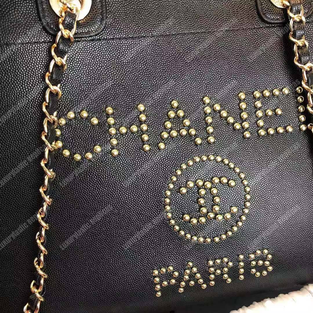 Ch*el studded calfskin small deauville tote bag gold-tone