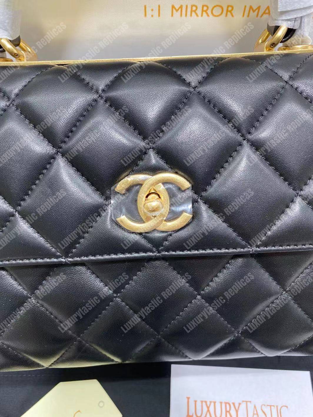 Ch*el small flap bag with top handle black-gold